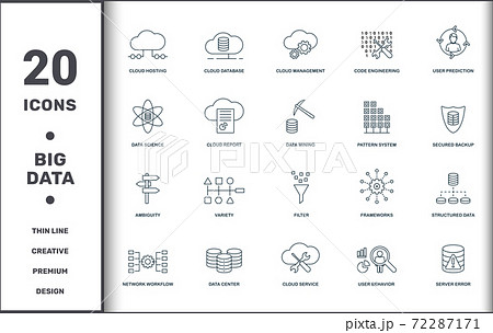 Big Data set icons collection. Includes simple elements such as Cloud Hosting, Cloud Database, Cloud Management, Code Engineering, User Prediction, Variety and Filter premium icons Big Data set icons collection. Includes simple elements such as Cloud Hosting, Cloud Database, Cloud Management, Code Engineering, User Prediction, Variety and Filter premium icons 72287171