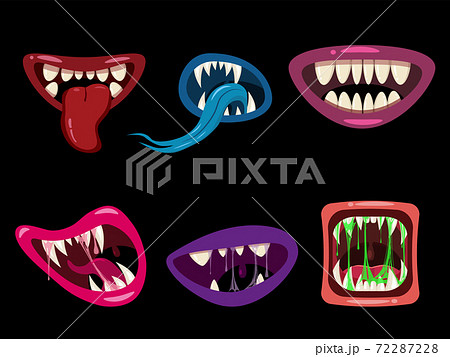 Set Monsters mouths creepy and scary Halloween. Funny jaws teeths tongue creatures expression monster horror saliva slime. Vector isolated illustration cartoon style Set Monsters mouths creepy and scary Halloween. Funny jaws teeths tongue creatures expression monster horror saliva slime. Vector isolated illustration cartoon style 72287228