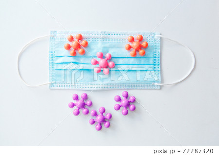 development of the game in the period of the pandemic. Health and recreation concept of family safety in the context of the covid-19 coronavirus pandemic. the medical mask on the multi-colored toys 72287320