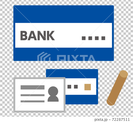 通帳とカードと印鑑のシンプルなカラーアイコン 72287511
