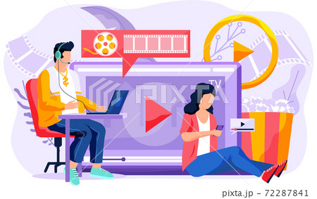 People near big screen with popcorn and drinks. Watch movie online at home. Online cinema concept People near big screen with popcorn and drinks. Watch movie online at home. Online cinema concept 72287841