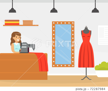 Fashionable Girl Seamstress Dressmaker Sews a Stylish Dress on a Sewing  Machine. Vector Illustration Stock Vector - Illustration of workshop,  professional: 225513706