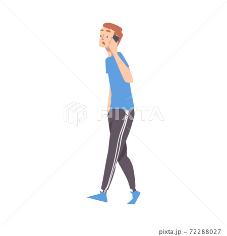 Young Man in Casual Clothes Walking with Smartphone Cartoon Style Vector Illustration Young Man in Casual Clothes Walking with Smartphone Cartoon Style Vector Illustration 72288027