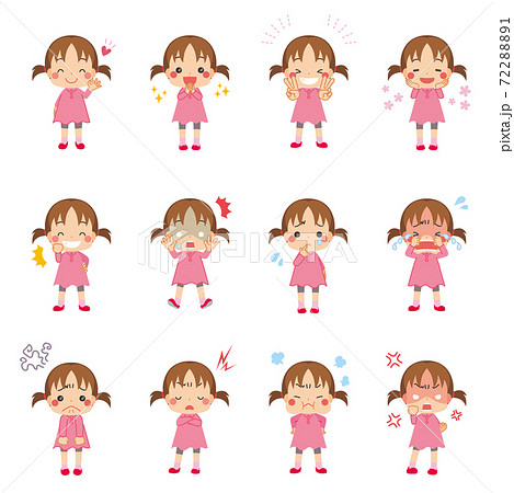 可愛い小さな女の子のイラスト 様々な表情 喜怒哀楽 セットのイラスト素材 7221