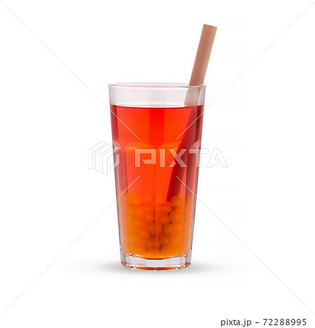 Red bubble tea with orange tapioca pearls in glass beaker, isolated on white background. Red bubble tea with orange tapioca pearls in glass beaker, isolated on white background. 72288995