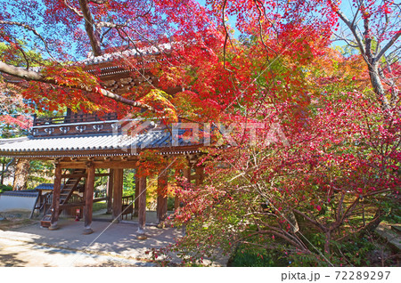 人気観光スポット下関市長府の功山寺紅葉と山門の写真素材