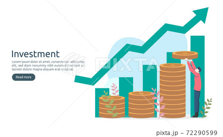 Business investment concept. dollar pile coin, tiny people, money object. graphic chart increase. Financial growth rising up to success. modern flat design landing page template vector illustration 72290599