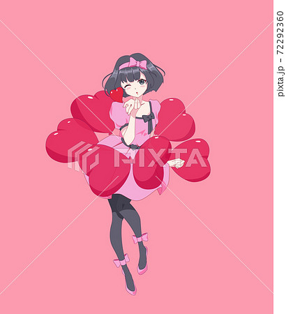 Anime manga girl blows a kiss in dynamic pose. Balloons in the form of a heart. Valentines day card. Vector illustration. 72292360