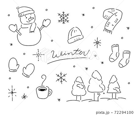 冬の手描きイラストセット かわいい 雪 結晶 雪だるま マフラー 手袋 靴下のイラスト素材
