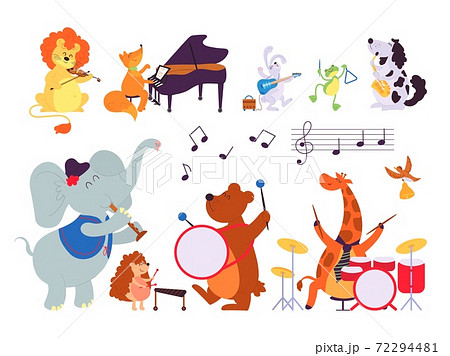 Music animals. Musician play instruments, forest dwellers with sax tambourine violin drum. Cartoon lion fox bunny decent vector characters Music animals. Musician play instruments, forest dwellers with sax tambourine violin drum. Cartoon lion fox bunny decent vector characters 72294481
