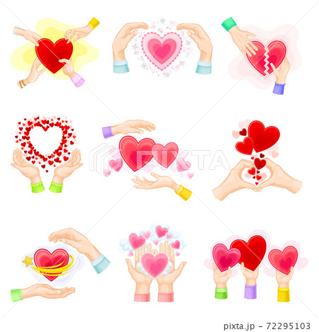 Human Hands and Fluttering Red Heart as Love and Affection Sign Vector Set 72295103