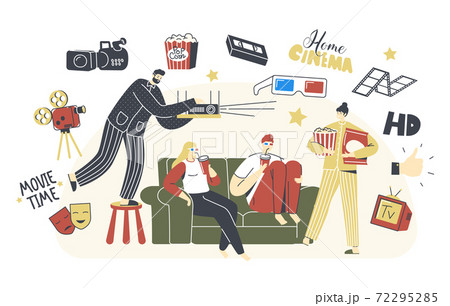 Home Cinema Concept. People Watching TV with Soda and Pop Corn, Male and Female Characters Sitting on Couch Together 72295285