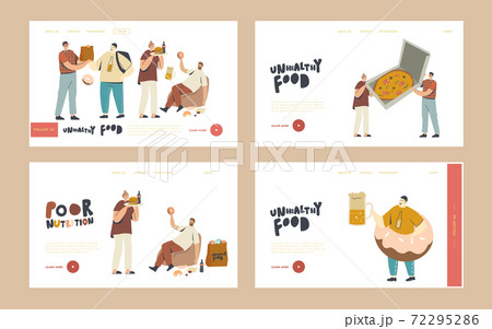 People Enjoy Fast Food in Street Cafe, Unhealthy Eating, Junk Meal Landing Page Template Set. Characters Eat Fastfood 72295286