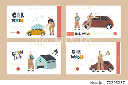 Car Wash Service Landing Page Template Set. Workers Characters in Uniform Lathering Automobile with Sponge and Water 72295287