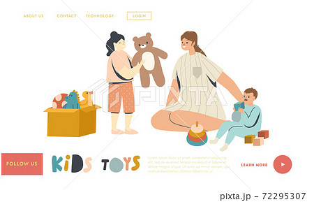 Mom with Baby Boy and Girl Landing Page Template. Nurse or Mother Female Character Playing with Kids in Playroom or Home 72295307