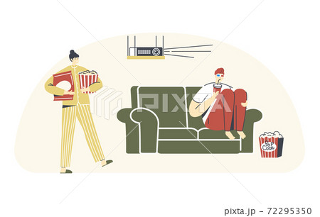 Characters Home Cinema Recreation. Young Man in 3d Glasses Sitting at Sofa with Soda Drink Watching Movie on Tv Characters Home Cinema Recreation. Young Man in 3d Glasses Sitting at Sofa with Soda Drink Watching Movie on Tv 72295350