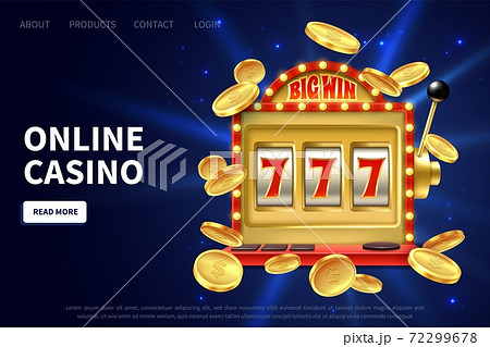 Online casino landing page. Slot machine gamble poster, promotional banner with flying gold coins and jackpot, lucky instant win, internet leisure bingo game vector illustration Online casino landing page. Slot machine gamble poster, promotional banner with flying gold coins and jackpot, lucky instant win, internet leisure bingo game vector illustration 72299678