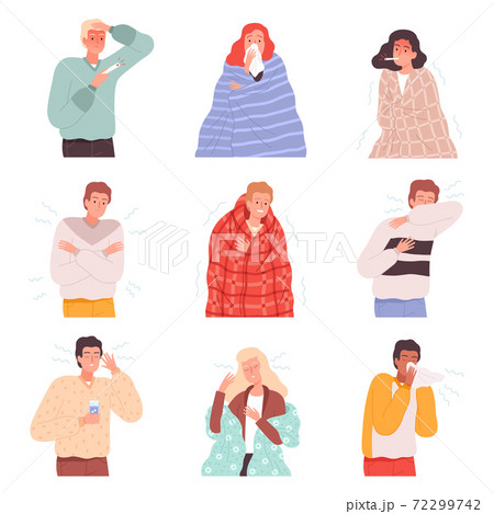 Illness people. Flu sick characters diseases patient treatment person nose virus vector cartoon illustrations Illness people. Flu sick characters diseases patient treatment person nose virus vector cartoon illustrations 72299742