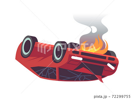 Damaged flat car. Auto accident on road, burning defective transport vehicle, broken windows with fire and dark smoke. Vector automobile crash on white background cartoon illustration Damaged flat car. Auto accident on road, burning defective transport vehicle, broken windows with fire and dark smoke. Vector automobile crash on white background cartoon illustration 72299755
