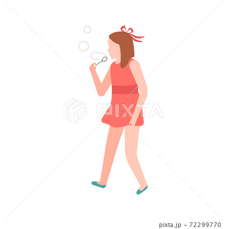 Schoolgirl blowing bubbles. Walking girl in red dress on city street. Happy little child summer leisure time, kids outdoors games, vector flat cartoon isolated character 72299770