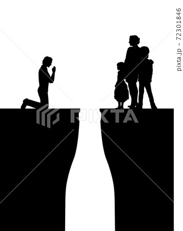 Silhouettes man asks the family for forgiveness. They are divided by chasm because of alcohol Silhouettes man asks the family for forgiveness. They are divided by chasm because of alcohol 72301846