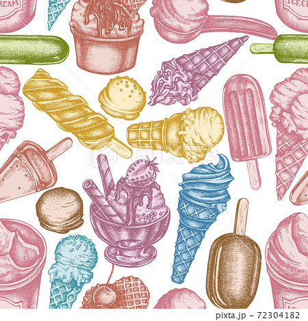 Seamless pattern with hand drawn pastel ice cream bowls, ice cream bucket, popsicle ice cream, ice 72304182
