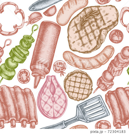 Seamless pattern with hand drawn pastel spatula, Pork ribs, kebab, sausages, steak, sauce bottles 72304183