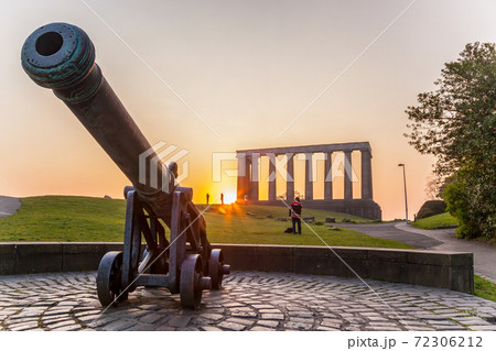 View of National Monument of Scotland against sunset on Calton Hill in Edinburgh, Scotland View of National Monument of Scotland against sunset on Calton Hill in Edinburgh, Scotland 72306212