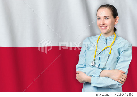 Republic of Poland healthcare concept with doctor on flag background. Medical insurance, work or study in the country. Republic of Poland healthcare concept with doctor on flag background. Medical insurance, work or study in the country. 72307280
