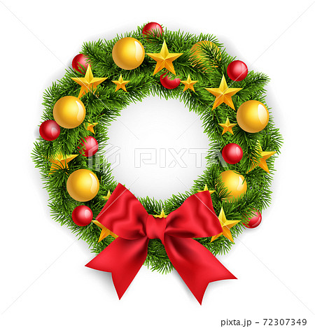 Realistic Christmas wreath with a big red bow and New Years toys. Decorated wreath of pine branches isolated on white, vector illustration. 72307349
