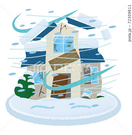 吹雪の被害を受ける住宅のベクターイラストのイラスト素材