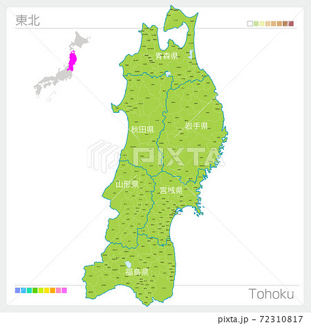 東北の地図・Tohoku・市町村名（市町村・区分け）