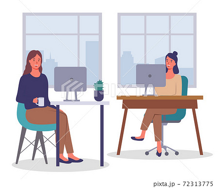 Office workers smiling women communicating, sitting at a table, drinking coffee during working break 72313775