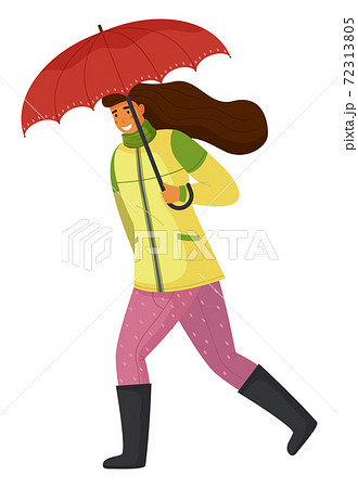 Women Holding Red Umbrella In Raining Walking のイラスト素材