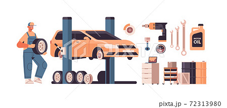 mechanic working and fixing vehicle car service automobile repair and check up maintenance station concept mechanic working and fixing vehicle car service automobile repair and check up maintenance station concept 72313980