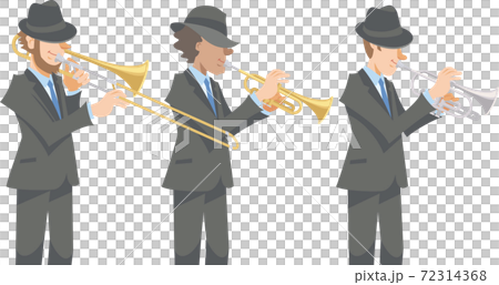 黒いスーツで演奏するジャズミュージシャン。金管楽器各種、トロンボーン、トランペット、コルネット。 72314368