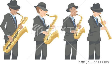 黒いスーツで演奏するジャズミュージシャン。サキソフォン各種、バリトン、テナー、アルト、ソプラノ。 黒いスーツで演奏するジャズミュージシャン。サキソフォン各種、バリトン、テナー、アルト、ソプラノ。 72314369