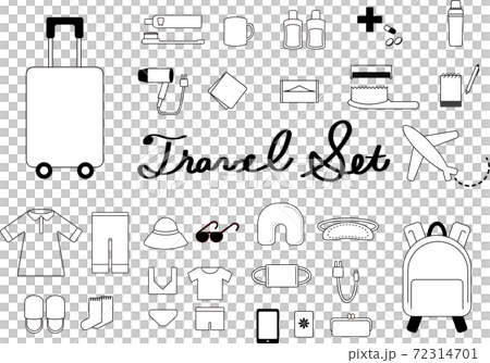 旅行 持ち物 セット 白黒 のイラスト素材