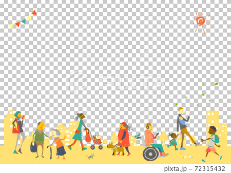 カラフルで楽しい多様な人々の手描きフレーム素材　街並みの背景付き 72315432
