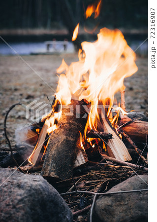 Bonfire close-up. Burning firewood. Camp fire. Vertical photo. Selective focus 72316907