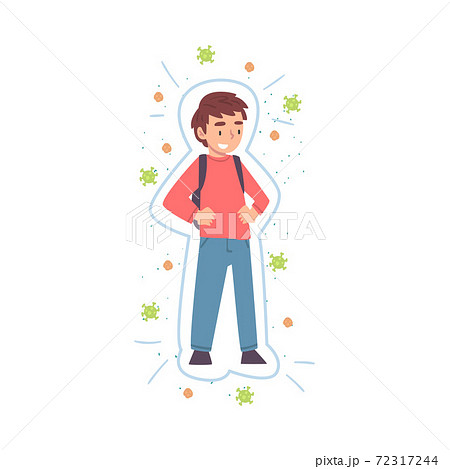 Healthy Smiling Boy Reflecting Bacteria and Viruses Attack, Strong Immune System Concept Cartoon Style Vector Illustration 72317244