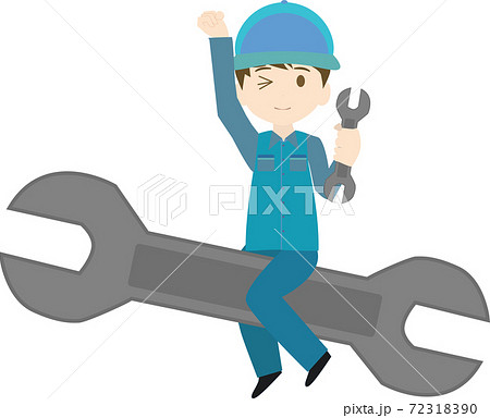 スパナ レンチ にまたがる元気のいい整備士のイラストのイラスト素材