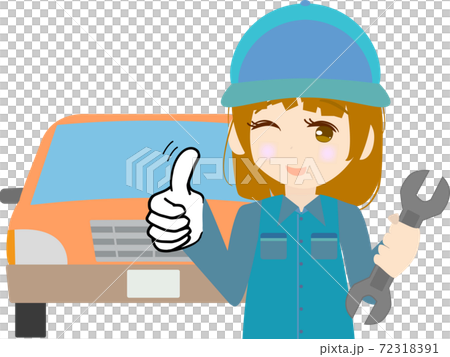 スパナを持ってグッドのポーズをする可愛い女整備士のイラストのイラスト素材