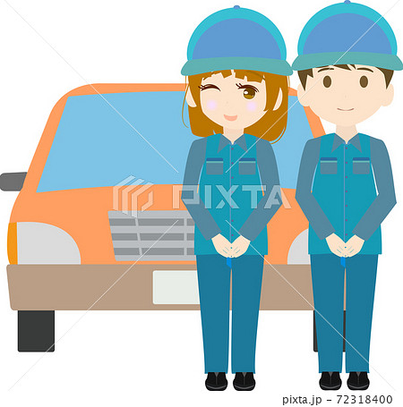 車の前に立つ可愛い整備士のイラストのイラスト素材