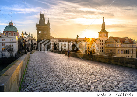 Sunrise on Charles Bridge in Prague 72318445