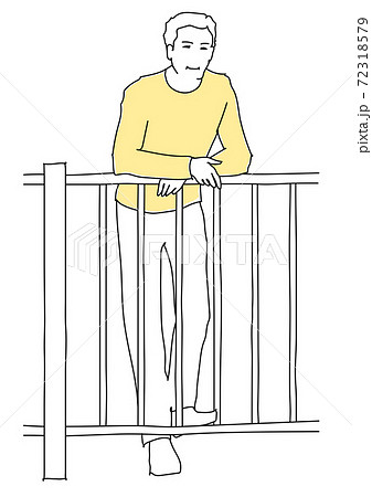 フェンスに寄りかかる男性 線画のイラスト素材
