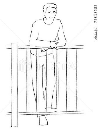 フェンスに寄りかかる男性 手描き風線画のイラスト素材