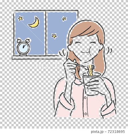 若い女性のイラスト。夜中にカップラーメンを食べている不健康な女性。 72318695