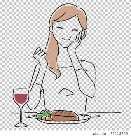 美味しい牛肉のステーキを食べて笑顔の若い女性のイラスト のイラスト素材