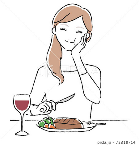 美味しい牛肉のステーキを食べて笑顔の若い女性のイラスト。 美味しい牛肉のステーキを食べて笑顔の若い女性のイラスト。 72318714